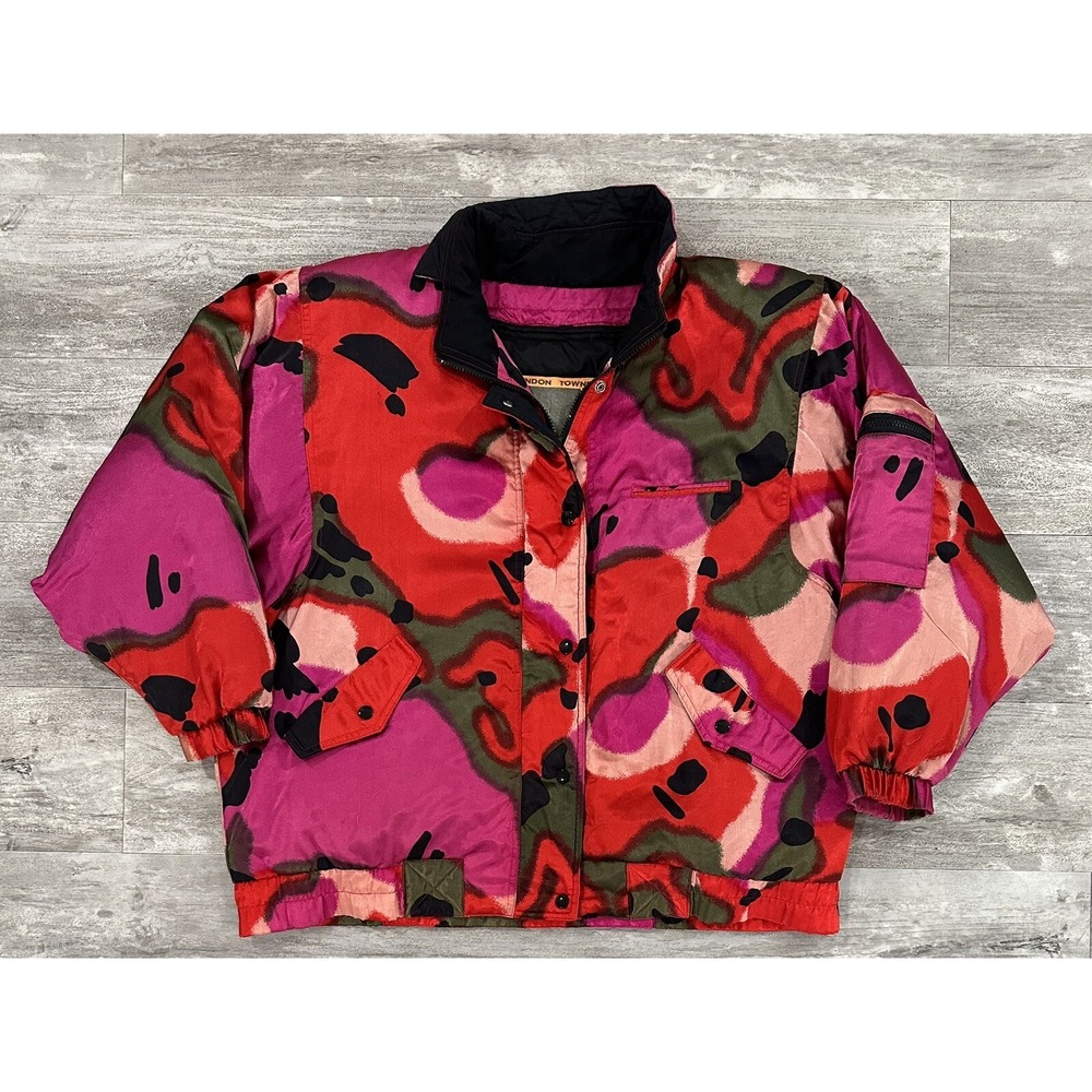 Vintage London Towne Multi Color Zip Puffer Ski Jacket Duck Down Womens Size L